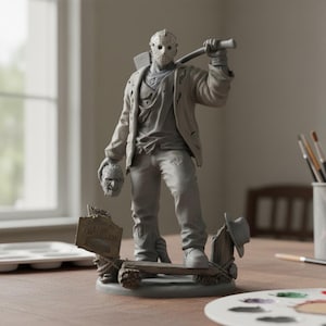May include: A gray figurine of a masked figure holding a machete and a severed head. The figure stands on a wooden base with a sign that reads "Camp Crystal Lake". A hat rests on the side of the base.