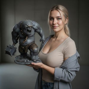 Puede incluir: Una estatua de troll de fantasía gris con un garrote con púas, sostenida por una persona. El troll tiene una expresión amenazante y está detallado con armadura y un collar con púas. La estatua está sobre una base decorativa.