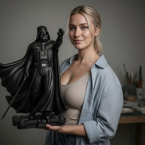 May include: A black Darth Vader statue with a raised hand and flowing cape. The figure is detailed and stands on a rectangular base. The statue is a collectible item from the Star Wars franchise.