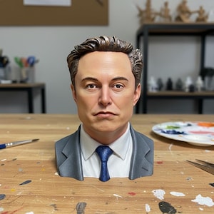 May include: A detailed bust of a man with fair skin and brown hair, wearing a grey suit jacket, white shirt, and a blue tie. The bust is placed on a wooden table, with a palette and tools in the background.