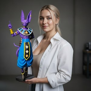 Può includere: Una statuetta viola e blu di un personaggio con grandi orecchie e una lunga coda. La statuetta alza un dito e si trova su una base nera. Il personaggio indossa una gonna blu e un top bianco e nero.