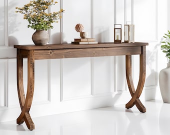 Entryway table wood, Console table for Modern Home Decor, Minimalist Sofa Table with Curved Legs long narrow display.
