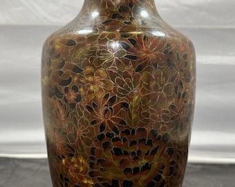 VTG 13” Chinese Cloisonné Bottle Vase Floral Peony Red Brown Enamel Brass 1950s