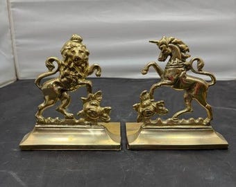 Vintage Brass Lion & Unicorn Bookends - British Royal Arms Decor - Decorative Crafts Inc - Mid Century Modern Heraldic Book Ends Heavy Brass