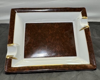 S.T. Dupont Paris Porcelain Cigar Ashtray Brown White Platinum France De Limoges