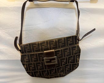 Vintage Fendi Zucca FF Monogram Canvas Leather Baguette Shoulder Bag Italy