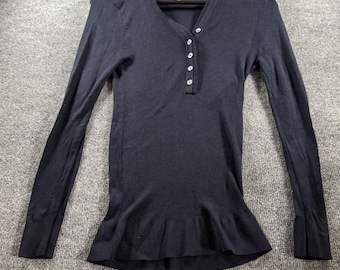 Burberry Ribbed Knit Long Sleeve Henley Top Ruffle Hem Cuffs Navy Black Womens M