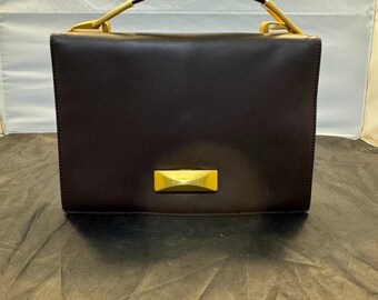 Vintage Donna Karan Black Leather Structured Top Handle Crossbody Bag Gold Metal