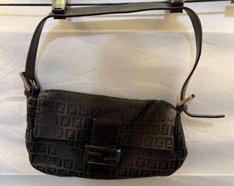 Vintage Fendi Black Zucchino FF Monogram Canvas Mini Mamma Baguette Shoulder Bag