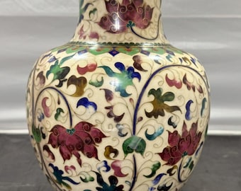 Robert Kuo Signed Chinese Cloisonne Vase 12" Floral Vines Cream Enamel Vintage