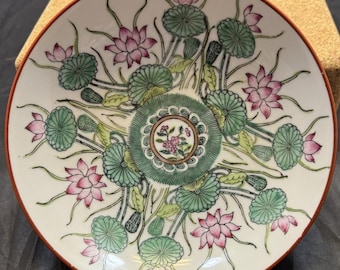 Vintage 8" A.C.F. Japanese Porcelain Bowl Hand Painted Lotus Hong Kong MCM