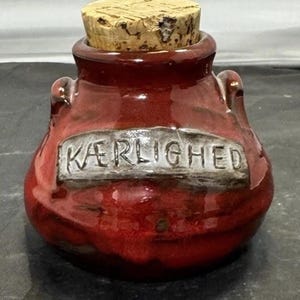 VTG Frelica Danmark Red Studio Pottery Kærlighed (Love) Jar & Cork Danish MCM
