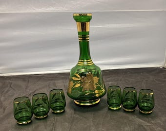 Vintage Rossini Empoli Bohemian Green Gold Floral Liquor Set Decanter 6 Glasses