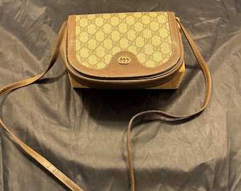 Vintage Gucci 1980s GG Supreme Canvas Brown Leather Crossbody Saddle Bag Italy