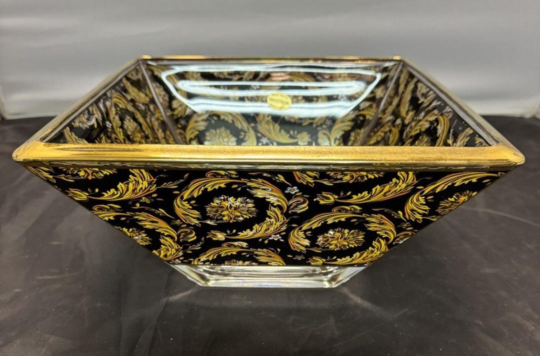 Murano Art Glass Bowl Black Gold Floral Baroque Art Nouveau Decotech ...