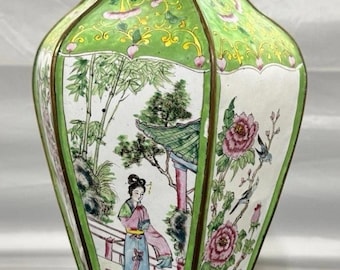 Antique Chinese Canton Enamel 17” Hexagonal Vase: Court Ladies & Wisteria