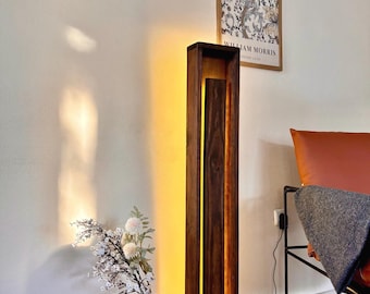 Lámpara de pie de madera, luz de esquina rústica, decoración moderna para sala de estar, lámpara de torre LED minimalista, iluminación ambiental, regalo de inauguración de la casa.
