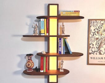 Handcrafted LED Wooden Wall Shelf – Modern Floating Bookshelf, Solid Wood Wall Display with Ambient Lighting