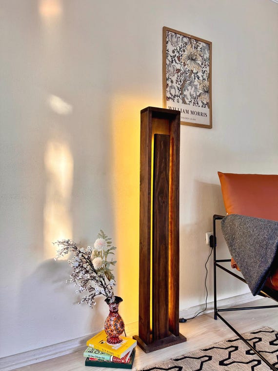 Wooden Floor Lamp, Rustic Corner Light, Modern Living Room Decor, Minimalist LED Tower Lamp, Ambient Mood Lighting , Housewarming Gift