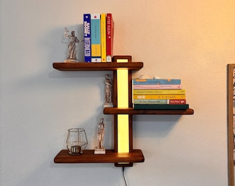 Handcrafted LED Wall Shelf – Modern Solid Wood Display with Light,  Ambient Vertical Bookshelf - Plug-In Rustic Home Decor