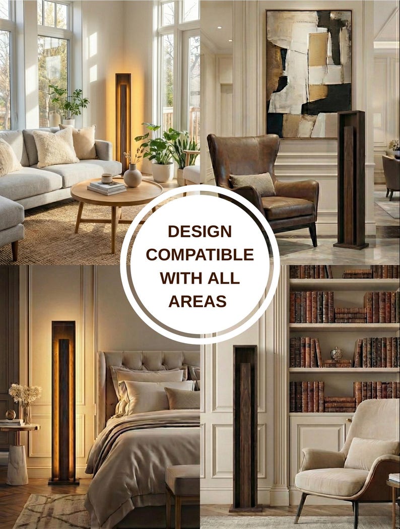May include: A tall, dark wood floor lamp with a rectangular design and a warm, glowing light panel. The lamp is shown in various interior settings, including a living room and bedroom. The text "DESIGN COMPATIBLE WITH ALL AREAS" is also visible.