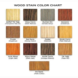 May include: A wood stain color chart with 14 different wood stain colors. The chart includes colors such as dark walnut, smoke grey, chestnut, hazelnut, honey color, natural, light oak, dark oak, antique walnut, and teak oil.