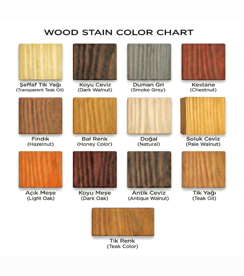 May include: A wood stain color chart with 14 different wood stain colors. The chart includes colors such as dark walnut, smoke grey, chestnut, hazelnut, honey color, natural, light oak, dark oak, antique walnut, and teak oil.