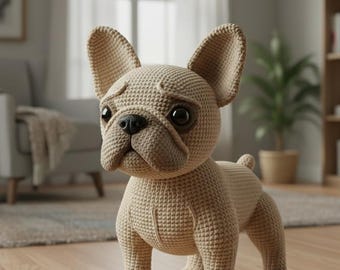 May include: A beige crocheted French Bulldog ornament. The dog features large, upright ears, a black nose, and dark eyes. The crochet work is detailed, showing the texture of the yarn. The dog is standing on all fours.