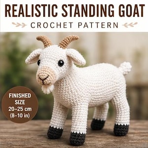 May include: A crocheted goat with a realistic design. The goat is white with tan accents on the face and horns, and black hooves. The finished size is 8-10 inches. The text at the top reads "Realistic Standing Goat Crochet Pattern".
