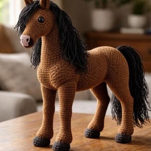 May include: A handcrafted crochet horse figurine in shades of brown, with a black mane and tail. The horse has a pink muzzle and dark hooves. It is standing on a wooden surface. This decorative item is suitable for home decor.