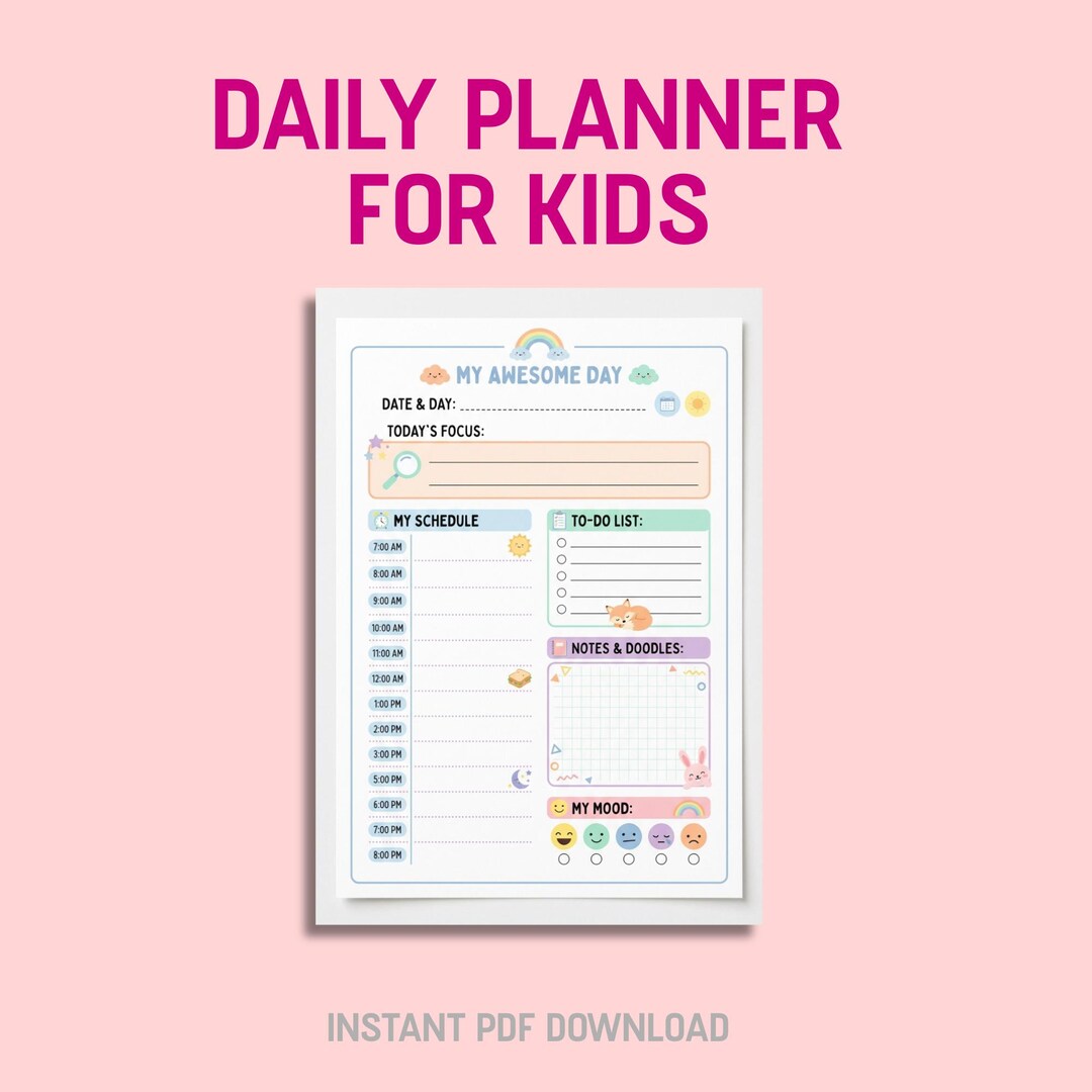 Kids Daily Planner Printable. Hourly Schedule, to Do List. Instant PDF ...
