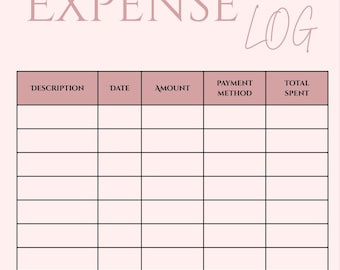 Puede incluir: Un registro de gastos rosa con las palabras "EXPENSE LOG" en una fuente rosa suave. El registro incluye columnas para descripción, fecha, cantidad, método de pago y total gastado. El registro está diseñado para el seguimiento de gastos.