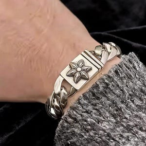 Holy Light Teleportation Array Core Hexagram Embossed Cuban Bracelet, Antique Silver Bracelet