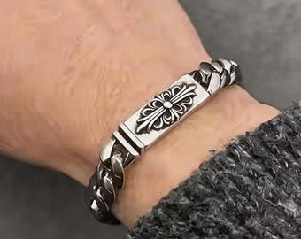 Pulsera de cadena cubana delgada con cruz y flor, pulsera vintage con motivo de cruz para hombres y mujeres.