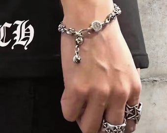 Vintage Cross Pendant Bracelet with Floral Beads, Gothic Statement Wristwear