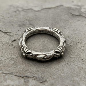 Vine Cross Flower Stackable Band Ring, Antiqued Silver Gothic Punk Vintage Ring