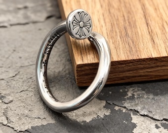 Adjustable Cross Flower Bypass Stackable Ring, Antiqued 925 Sterling Silver Gothic Punk Band
