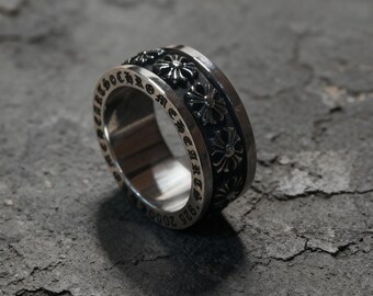 Cross Flower Channel Band Ring, 925 Sterling Silver Antiqued Gothic Punk Ring