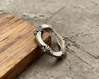 Cross Flower Station Band Ring, Antiqued Silver Gothic Punk Vintage Ring