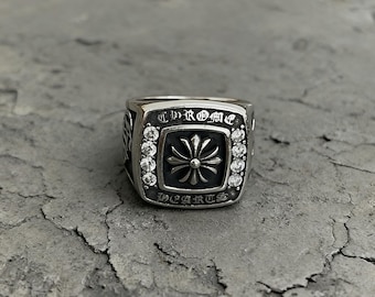 Anillo de sello con cruz y flor de circonita cúbica, plata de ley 925 envejecida, estilo gótico punk.