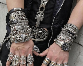 Pulsera cubana vintage con cruz y flores para hombre, pulsera de eslabones gruesos con detalles de espada llamativa.