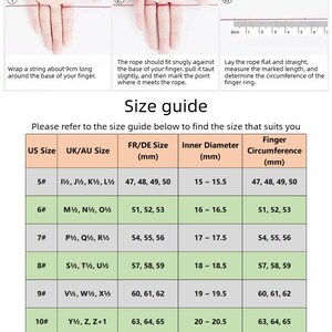 Pode incluir: Uma tabela de guia de tamanhos de an&eacute;is com tr&ecirc;s diagramas instrutivos para medir a circunfer&ecirc;ncia do dedo com um barbante e uma r&eacute;gua. A tabela inclui colunas para tamanho dos EUA, Reino Unido/Austr&aacute;lia, Fran&ccedil;a/Alemanha, di&acirc;metro interno e circunfer&ecirc;ncia.