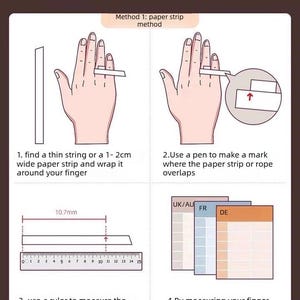 Pode incluir: Uma infografia instrutiva intitulada Learn to measure finger circumference in one minute. Mostra quatro passos: envolver uma tira de papel num dedo, marcar a sobreposi&ccedil;&atilde;o, medir o comprimento com uma r&eacute;gua indicando 10,7 mm e usar uma tabela de tamanhos de an&eacute;is para UK/AU, FR e DE.