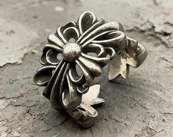 Anel vazado em forma de flor em cruz, anel ajustável em prata de lei estilo gótico punk.