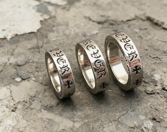Anillo de plata envejecida de 6 mm con cruz grabada, anillo apilable gótico para parejas.