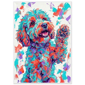 Könnte beinhalten: Abstrakte Malerei eines Hundes, der winkt. Das Fell des Hundes ist in leuchtenden Strichen aus Türkis, Orange, Lila und Rot dargestellt. Der Hintergrund ist weiß mit passenden Pinselstrichen. Der Hund lächelt.