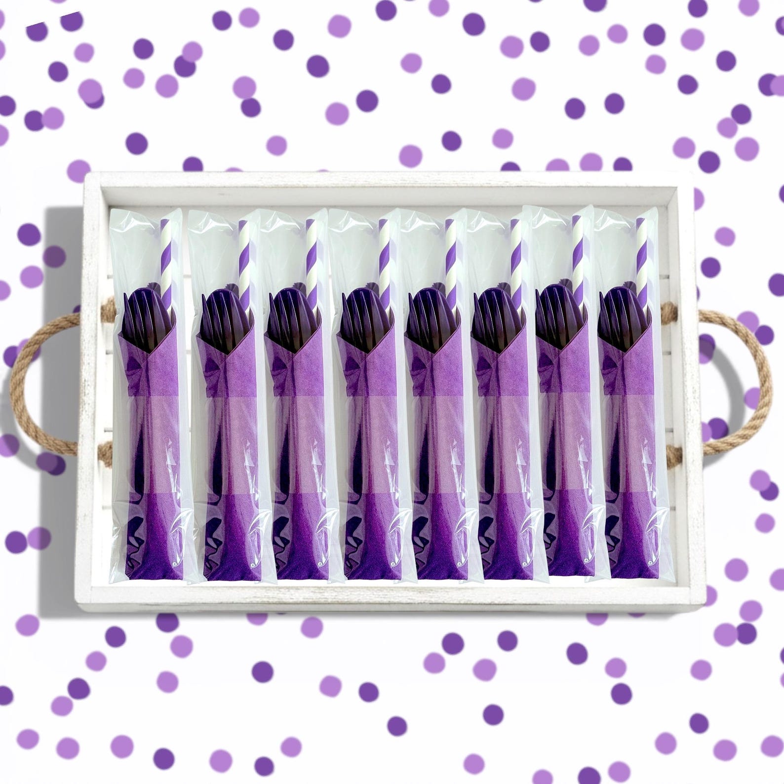 Purple-themed wedding reception supplies - purple individually wrapped plastic cutlery set