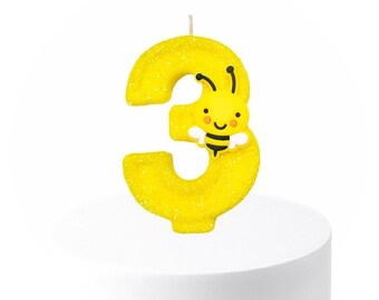 Glitter Bee Birthday Candle, Handcrafted Cake Topper, Bee Party Decor