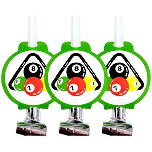 May include: Three party blowers featuring a circular green border and a central graphic of a billiard ball rack containing an eight ball, a six ball, a seven ball, and a one ball. Each blower has a white plastic mouthpiece and a silver foil base.