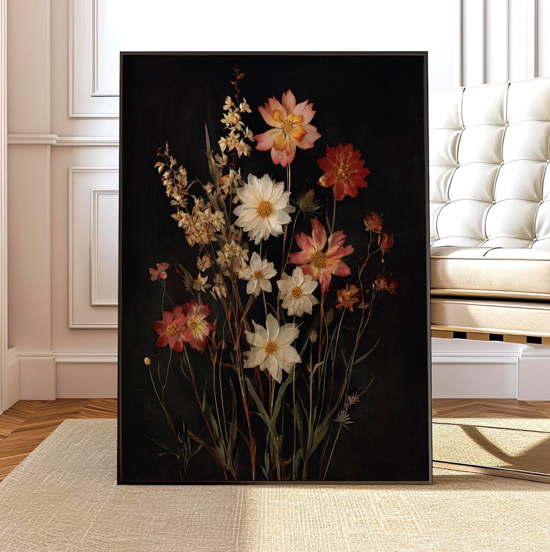 Wildflower Wall Art – Dark Floral Botanical Print, Vintage Herbarium ...